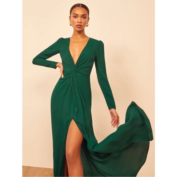 Reformation Gatsby Dress emerald dark green Size 2 deep v neck - Picture 12 of 12